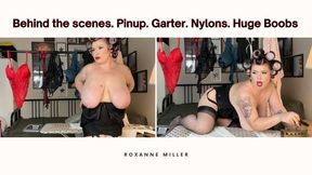 Domestic Pin-up Goddess - Roxanne Miller invites you behind the scenes of a pin-up photoshoot where you can see vintage lingerie, garter and nylons, huge boobs, hairy pussy, bullet bra, humor, creativity and intimacy