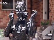 Black Latex Catsuit Gas Mask Enclosure