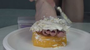 Licking cream and dessert off Yu Yu's feet