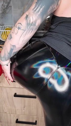 Shiny Black Latex Leggings and Red Over-the-knee Boots…