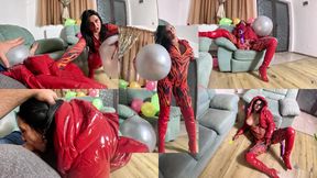 Dominant Red Downjacket MILF Balloon Humiliation. Failed Erection, Dildo Riding and Popping