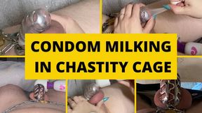 Chastity Caged Cock Milked in Condom