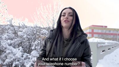 Public Agent Blue eyed babe sucks a fat big dick out in the snow in public