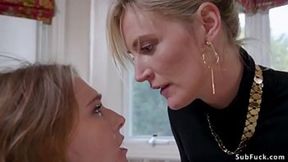 Blonde MILF Mona Wales trains her stepsister Ashley Lane in bathroom &mdash;  then they seduce lawyer Tommy Pistol for a bdsm threesome