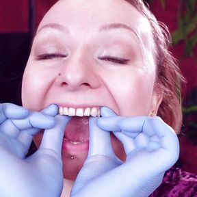 Face and Teeth Fetish Touch: Asmr Video in Blue Medical Mitrile Nurse Gloves. Arya Grander