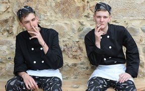 Steamy lads share ass in the kitchen while they pose hot