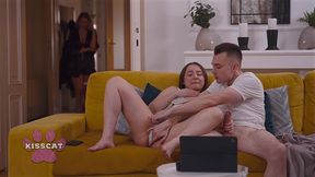 step mom kisscat caught mutual masturbation of step sister amber bloom with step bro while porn watching in living room couch