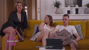 step mom kisscat caught mutual masturbation of step sister amber bloom with step bro while porn watching in living room couch