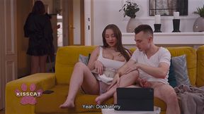 step mom kisscat caught mutual masturbation of step sister amber bloom with step bro while porn watching in living room couch