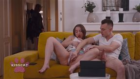 step mom kisscat caught mutual masturbation of step sister amber bloom with step bro while porn watching in living room couch