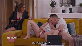 step mom kisscat caught mutual masturbation of step sister amber bloom with step bro while porn watching in living room couch