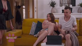 step mom kisscat caught mutual masturbation of step sister amber bloom with step bro while porn watching in living room couch