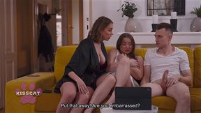 step mom kisscat caught mutual masturbation of step sister amber bloom with step bro while porn watching in living room couch