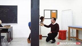 Hot redhead college girl fucks her teacher in a classroom