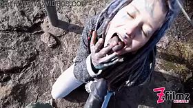 Caught while wild public sex on a ruine - POV, tattoo couple, split tounge blow job - punk, goth