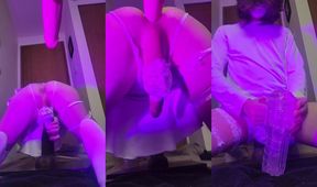 Femboy twink rides BBC dildo climaxing with thick creampie