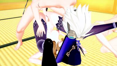 Two busty hentai babes get wild in a hot anime foursome with creampies & pussy-licking