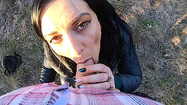 Public Risk in Tight Leather – Cameltoe, Blowjob & Cum on My Downjacket Twice 😈🌲235