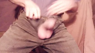 Solo uncut stud strips and shoots heavy cum after precum dripping