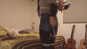 Selfbondage crossdresser in bedroom