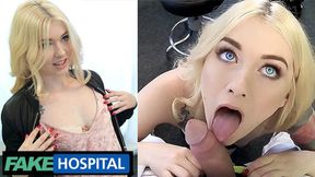 Blonde babe gets her doctor's cock in her tiny tits