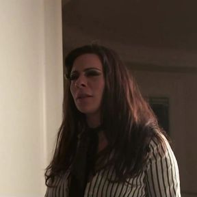 The brunette undercover reporter is quickly discovered and disciplined during the hardcore group sex session