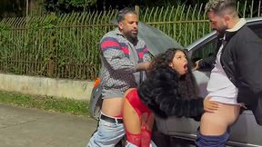 18+ yo street slut has a public threesome sex with two strangers near a car