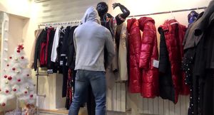 A straight guy with a hot ass fucks a mannequin in a shop! Risky masturbation in a public place