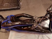 rubber gimp slave, hogtied