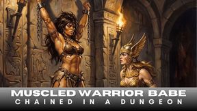 Barbarian muscled warrior woman flexes her hot body for her perverted mistress as she is held captive in BDSM bondage chains in a dark dungeon copy