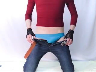 Femboy is Playing with Masturbator and Aneros then Ejaculate Thick Com in Tight Jeans