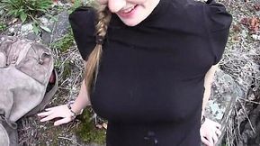 Outdoor blowjob with a pantyhose peephole view
