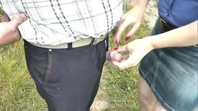 Random man's pee gets a surprise touch from MILF wife