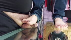 Slave dick trampling and jerking under the Mistress's feet