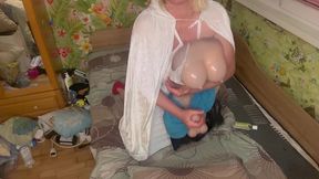 queen in white hood tease, suck and oil handjob the tranny till cum