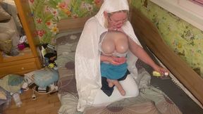 queen in white hood tease, suck and oil handjob the tranny till cum