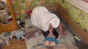 queen in white hood tease, suck and oil handjob the tranny till cum