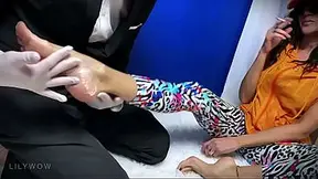 OLDER WOMAN gets sensual foot massage in leggings and high heels