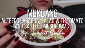 Mukbang Alfredo Lasagna, Salad with Tomato and sautéed mushrooms
