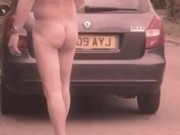 Full nude wank with Cumshot by side of road next to a dog walkers car