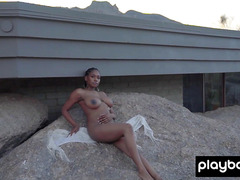 Bombastic massive titted ebony beauty Nyla reveals her hairy pussy outdoor