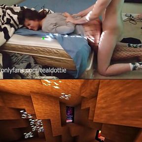 College girlfriend in fishnets rides and pounded with Minecraft Parkour