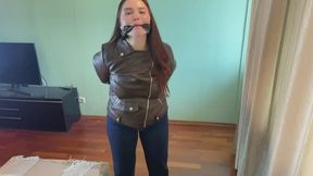gagged girl in brown leather jacket mp4