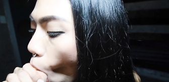 Asian Tranny Swallows Big White Cock