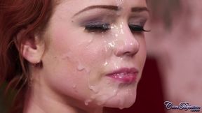 Green eyed redhead Ella Hughes gives deepthroat blowjob for cum on face