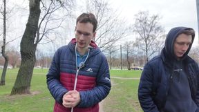 Two hunk dudes take turns sucking and fucking the hot brunette's big boobs in XES' group sex adventure