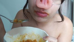 My stepsister is a piglet and eats his food like a piglet. He eats his food like a little pig and makes gurgling gurgling sounds. He likes to eat and stuffs his food in his face. in 4k