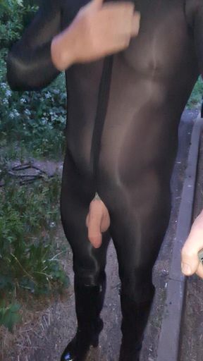 Crossdresser wank and cum outdoors