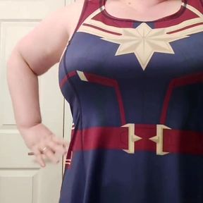 Caressing my curves in my new Captain Marvel dress!