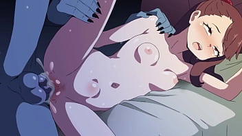 Hairy teen babe gives handjob and blowjob to giant anime cock